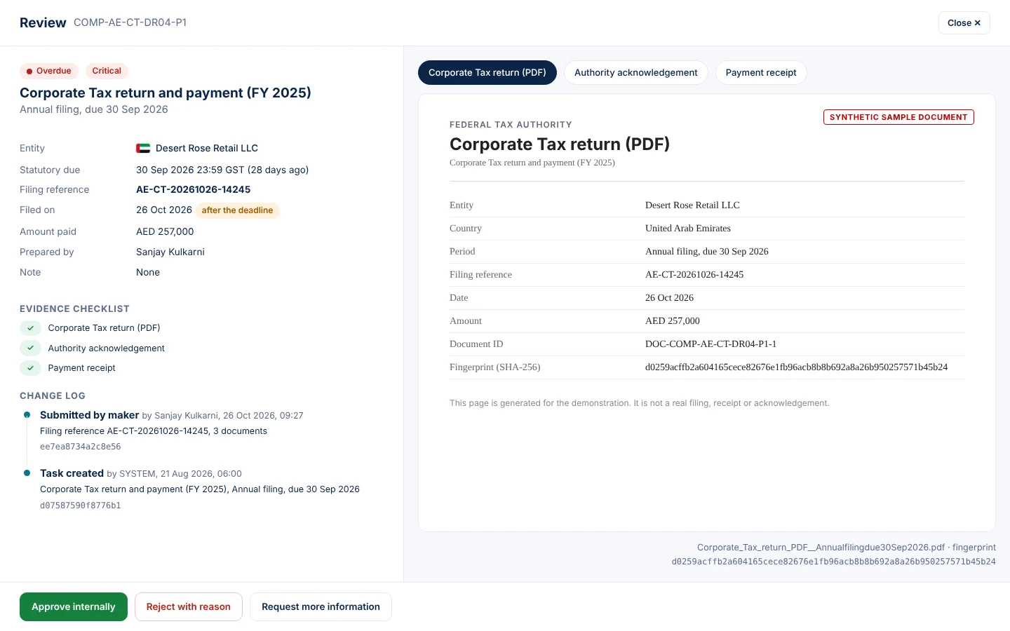 A split screen shows the details on the left and the document on the right